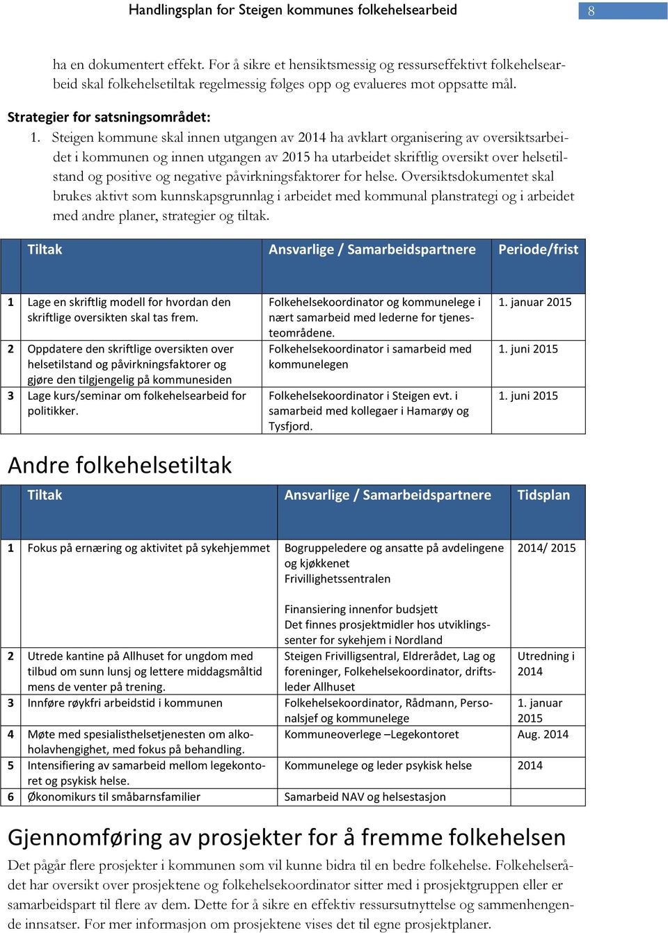 Steigen kommune skal innen utgangen av ha avklart organisering av oversiktsarbeidet i kommunen og innen utgangen av 2015 ha utarbeidet skriftlig oversikt over helsetilstand og positive og negative