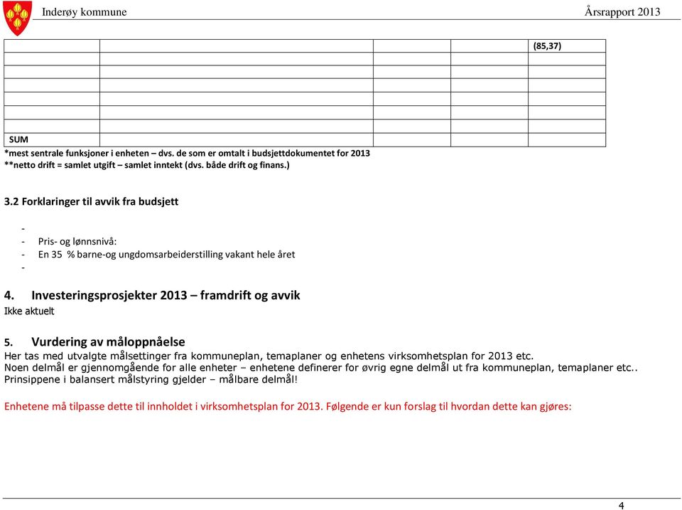 Vurdering av måloppnåelse Her tas med utvalgte målsettinger fra kommuneplan, temaplaner og enhetens virksomhetsplan for 2013 etc.