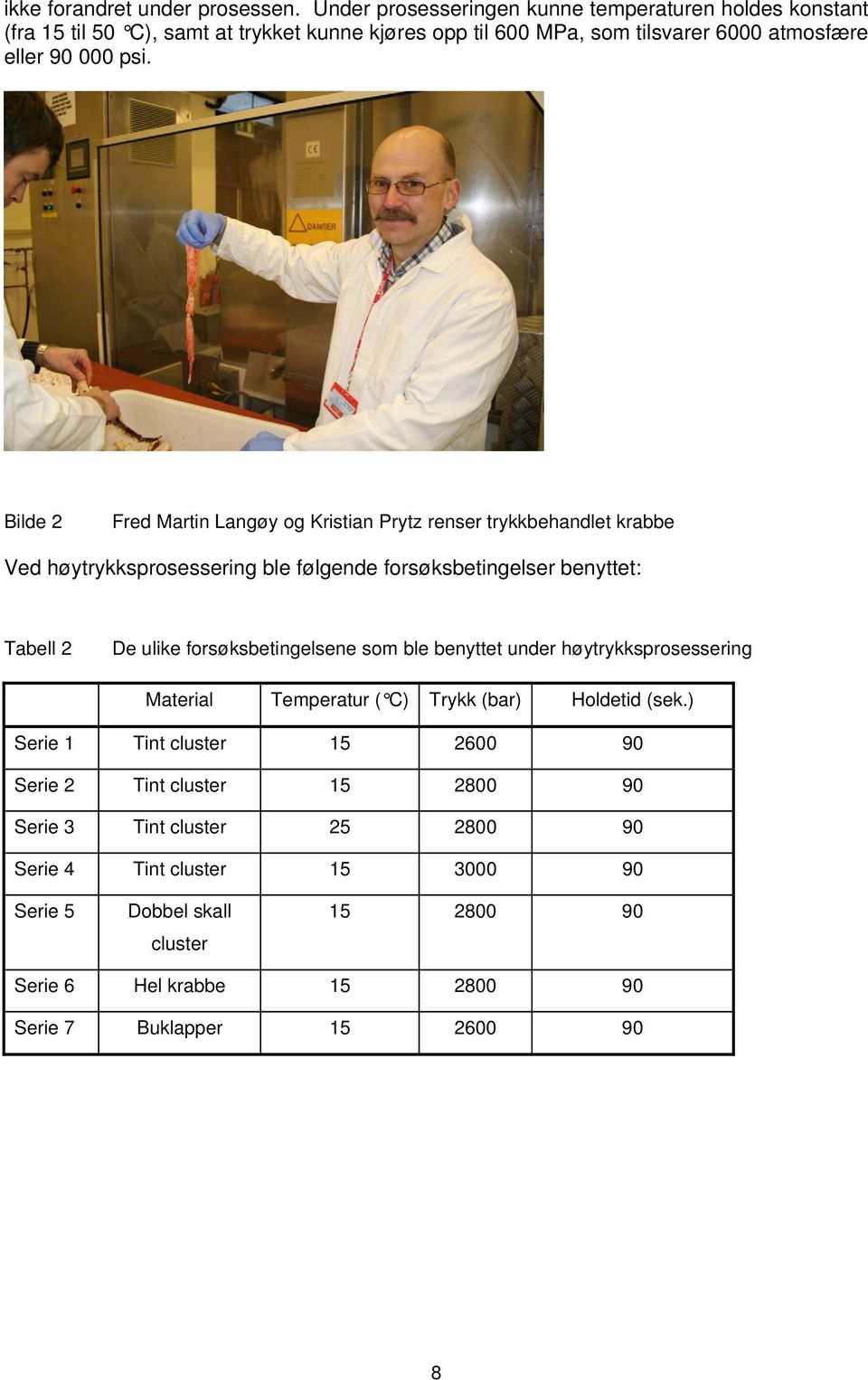 Bilde 2 Fred Martin Langøy og Kristian Prytz renser trykkbehandlet krabbe Ved høytrykksprosessering ble følgende forsøksbetingelser benyttet: Tabell 2 De ulike