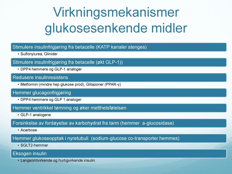 DPP4 hemmere og GLP 1 analoger Hemmer ventrikkel tømning og øker metthetsfølelsen GLP-1 analogene Forsinkelse av fordøyelse av karbohydrat fra tarm (hemmer