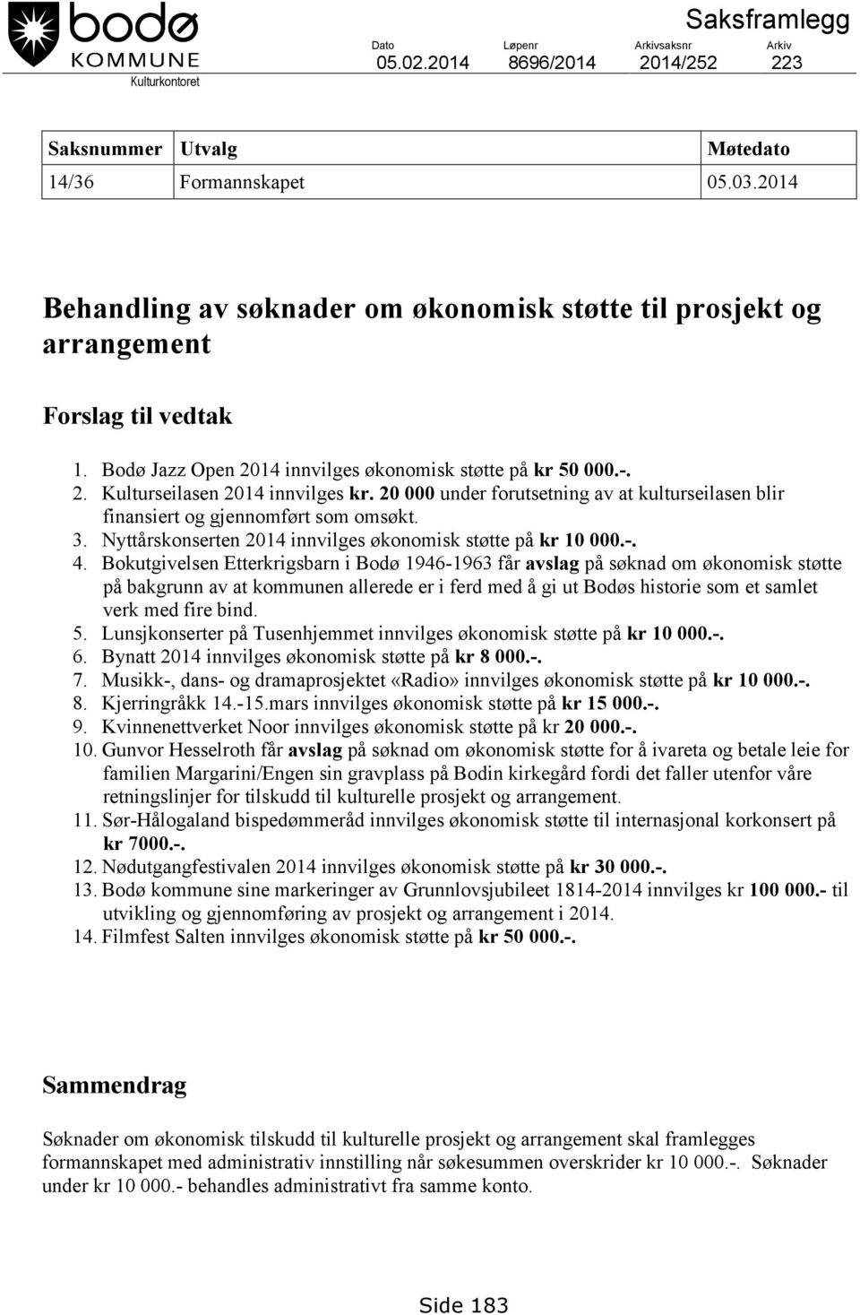 20 000 under forutsetning av at kulturseilasen blir finansiert og gjennomført som omsøkt. 3. Nyttårskonserten 2014 innvilges økonomisk støtte på kr 10 000.-. 4.