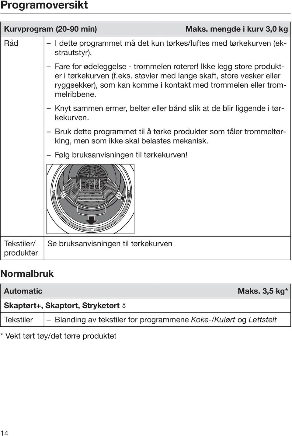 Knyt sammen ermer, belter eller bånd slik at de blir liggende i tørkekurven. Bruk dette programmet til å tørke produkter som tåler trommeltørking, men som ikke skal belastes mekanisk.