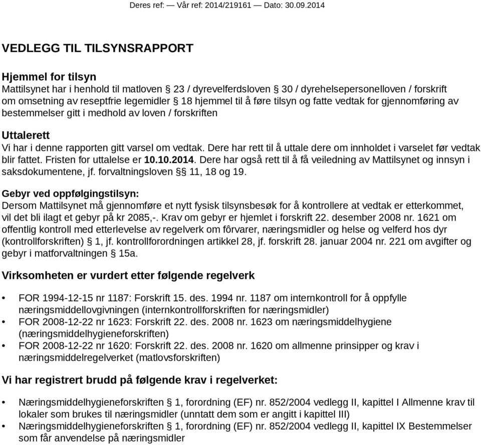 hjemmel til å føre tilsyn og fatte vedtak for gjennomføring av bestemmelser gitt i medhold av loven / forskriften Uttalerett Vi har i denne rapporten gitt varsel om vedtak.