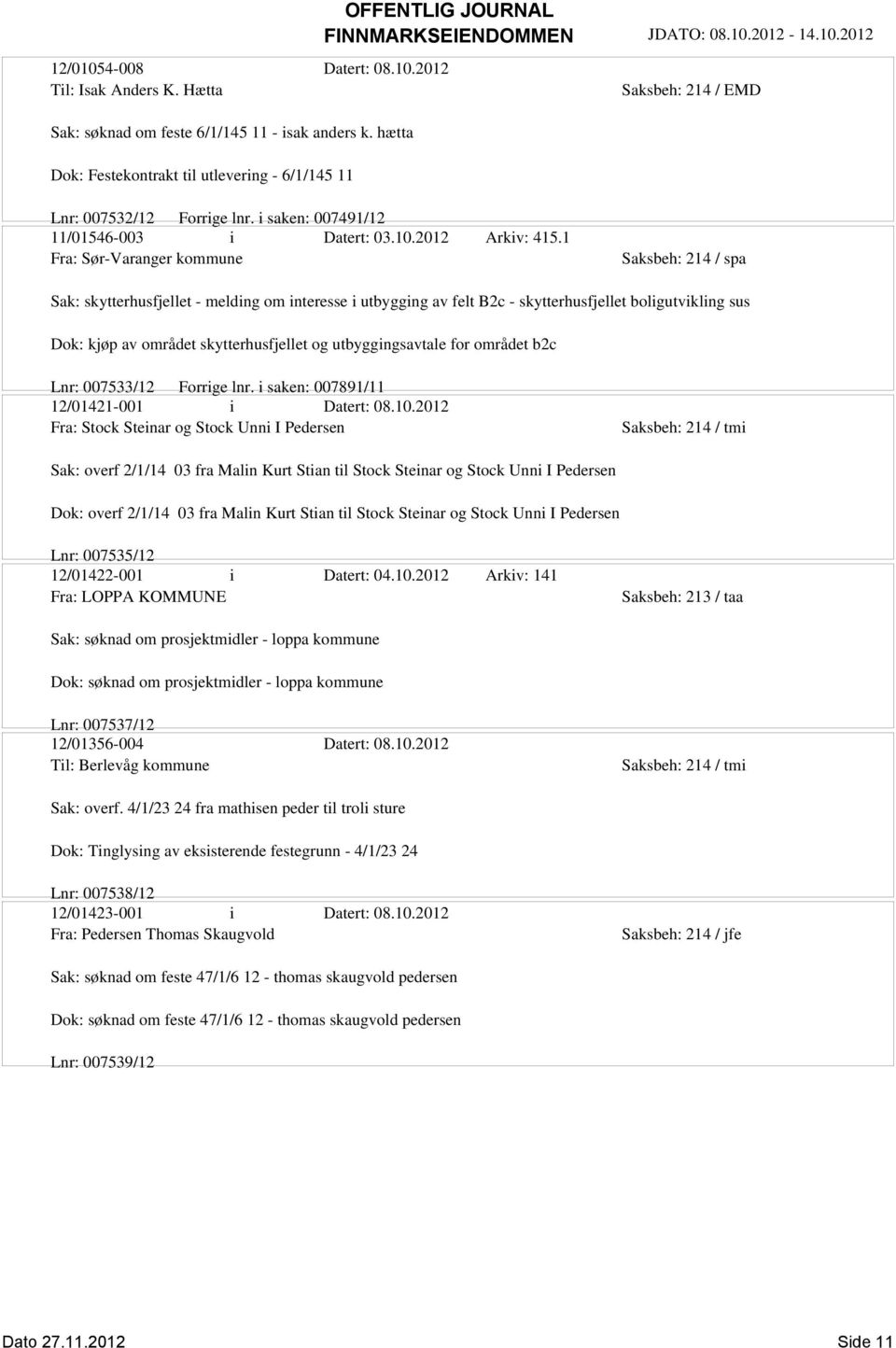 1 Fra: Sør-Varanger kommune Saksbeh: 214 / spa Sak: skytterhusfjellet - melding om interesse i utbygging av felt B2c - skytterhusfjellet boligutvikling sus Dok: kjøp av området skytterhusfjellet og