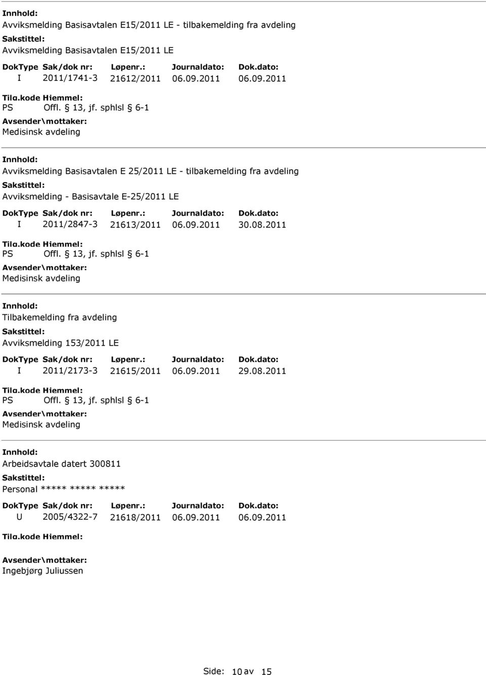 Basisavtale E-25/2011 LE 2011/2847-3 21613/2011 Medisinsk avdeling Tilbakemelding fra avdeling Avviksmelding 153/2011 LE