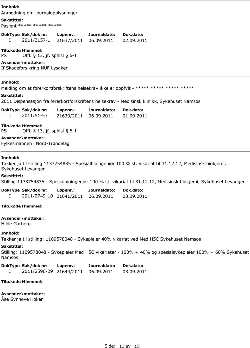 21639/2011 Fylkesmannen i Nord-Trøndelag 01.09.2011 Takker ja til stilling 1133754835 - Spesialbioingeniør 100 % st. vikariat til 31.12.