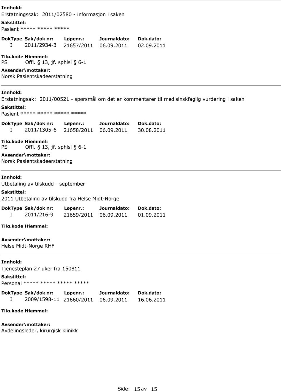 2011/1305-6 21658/2011 Norsk Pasientskadeerstatning tbetaling av tilskudd - september 2011 tbetaling av tilskudd fra Helse Midt-Norge