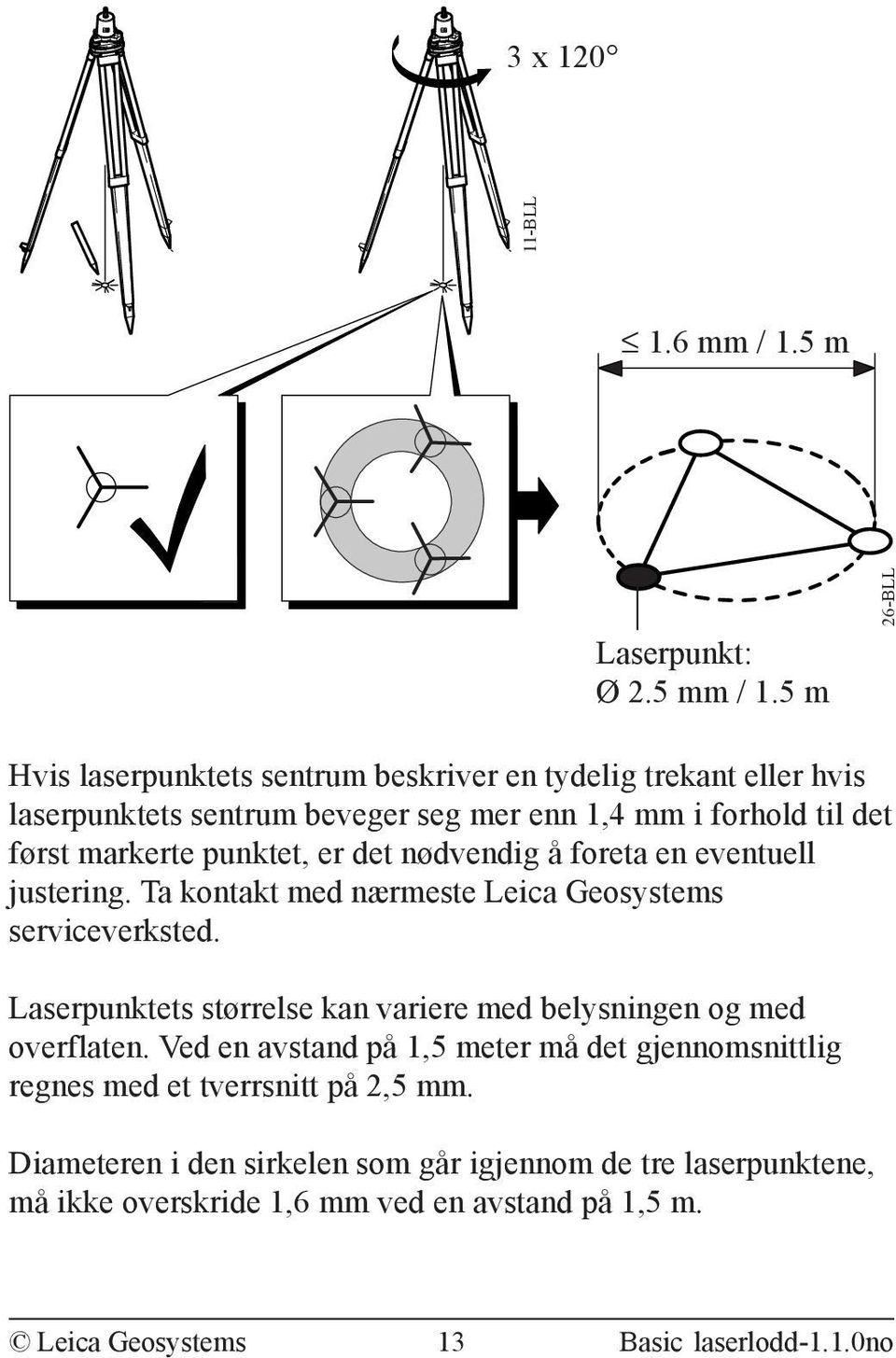 punktet, er det nødvendig å foreta en eventuell justering. Ta kontakt med nærmeste Leica Geosystems serviceverksted.