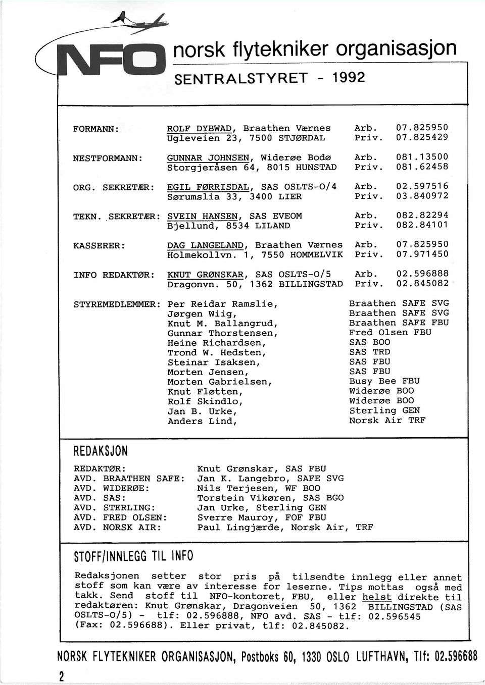 59751 6 Priv. 03,840972 Arb. 082.82294 Priv. 082.841 01 KASSERER : DAG LANGELAND, Braathen Værnes Arb. 07,825950 Holmekollvn. 1, 7550 HOMMELVIK Priv. 07.971450 INFO REDAKTØR: KNUT GRØNSKAR, SAS OSLTS-015 Arb.
