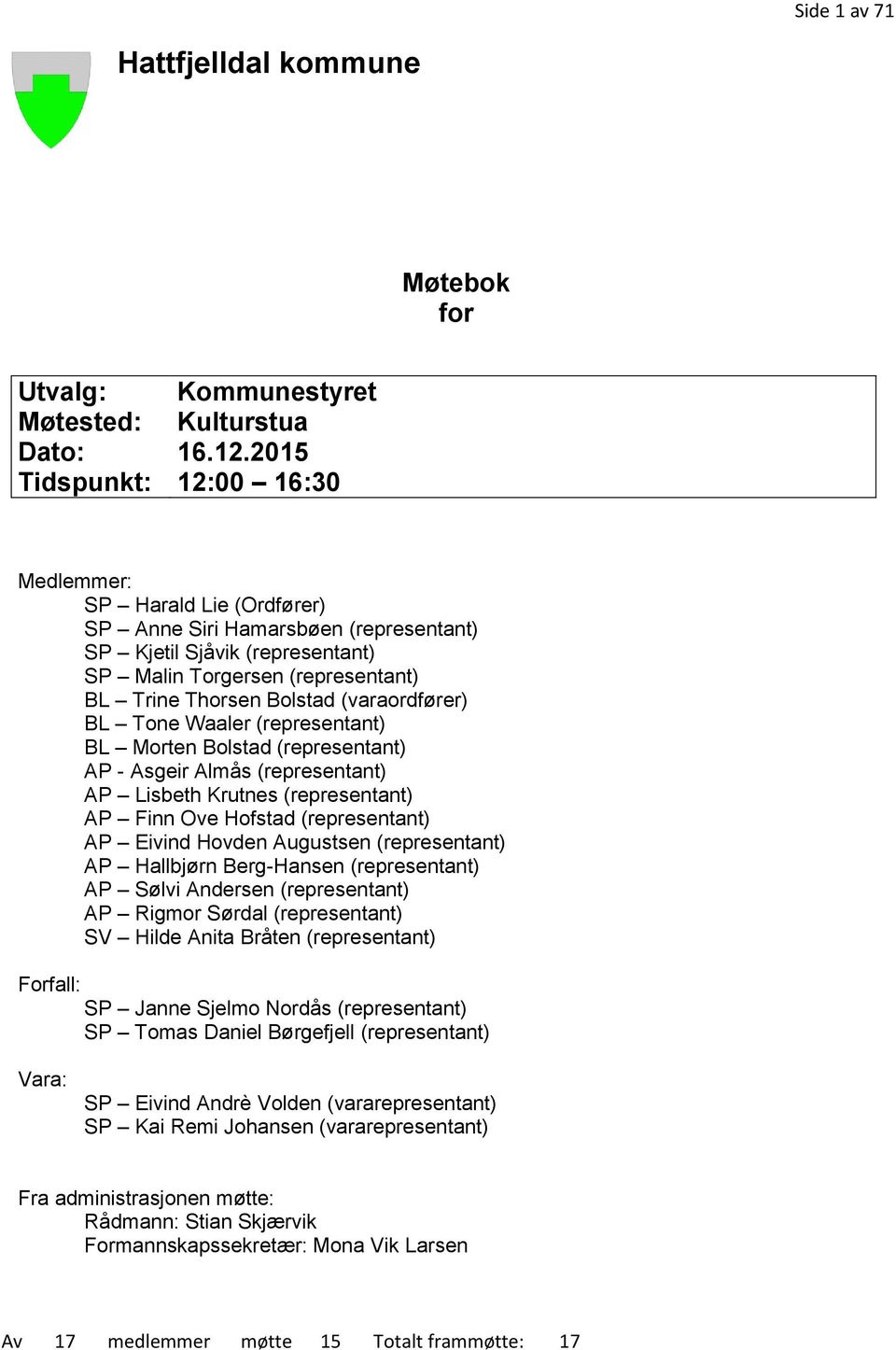 (varaordfører) BL Tone Waaler (representant) BL Morten Bolstad (representant) AP - Asgeir Almås (representant) AP Lisbeth Krutnes (representant) AP Finn Ove Hofstad (representant) AP Eivind Hovden