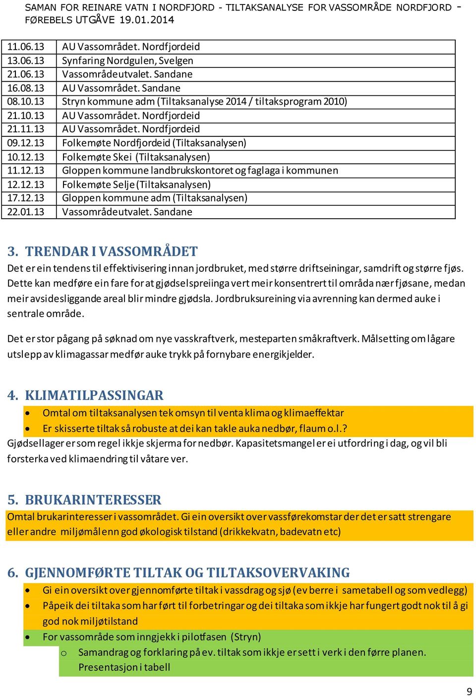 12.13 Gloppen kommune landbrukskontoret og faglaga i kommunen 12.12.13 Folkemøte Selje (Tiltaksanalysen) 17.12.13 Gloppen kommune adm (Tiltaksanalysen) 22.01.13 Vassområdeutvalet. Sandane 3.