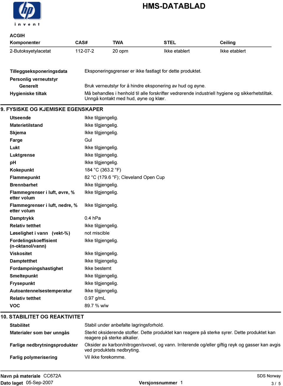 Må behandles i henhold til alle forskrifter vedrørende industriell hygiene og sikkerhetstiltak. Unngå kontakt med hud, øyne og klær. 9.