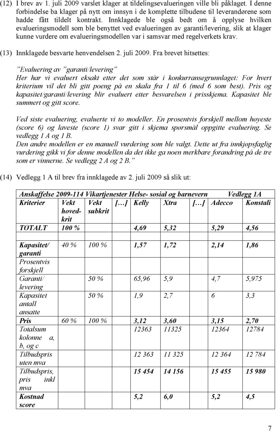 Innklagede ble også bedt om å opplyse hvilken evalueringsmodell som ble benyttet ved evalueringen av garanti/levering, slik at klager kunne vurdere om evalueringsmodellen var i samsvar med