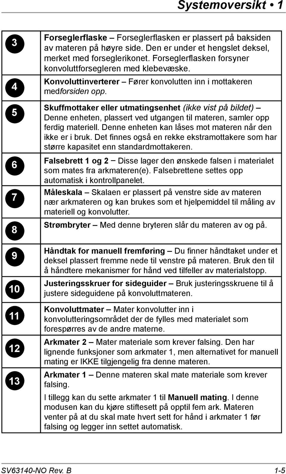 Skuffmottaker eller utmatingsenhet (ikke vist på bildet) Denne enheten, plassert ved utgangen til materen, samler opp ferdig materiell. Denne enheten kan låses mot materen når den ikke er i bruk.