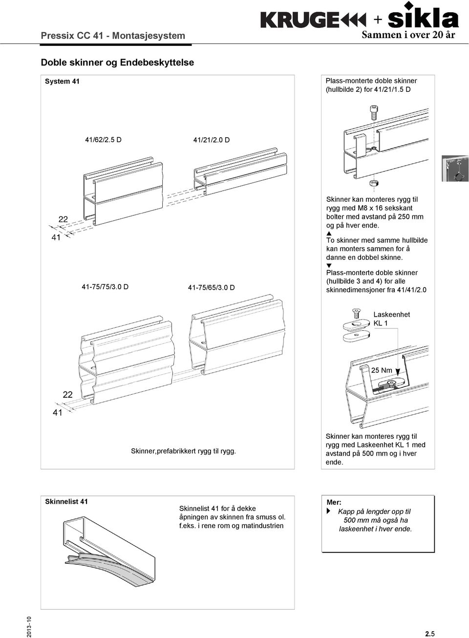 Plass-monterte doble skinner (hullbilde 3 and 4) for alle skinnedimensjoner fra 41/41/2.0 Laskeenhet KL 1 25 Nm Skinner,prefabrikkert rygg til rygg.