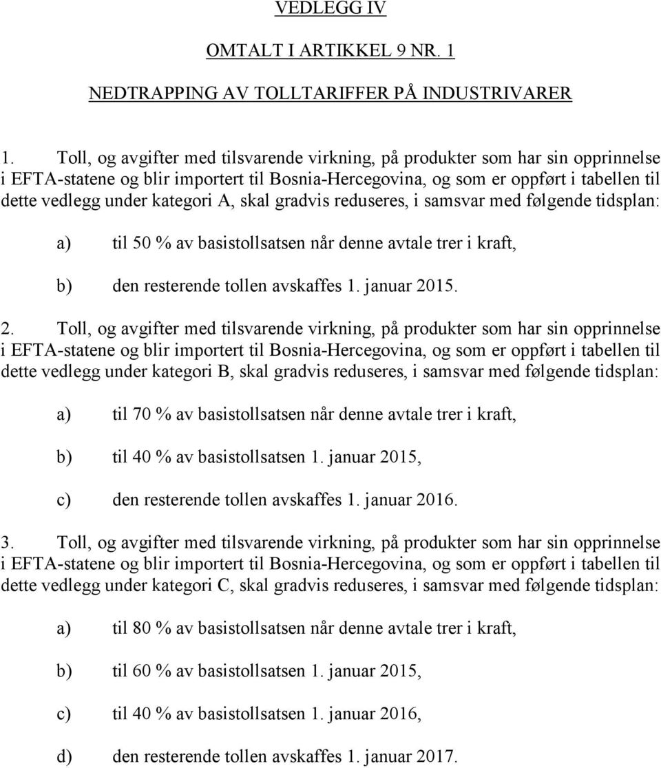 reduseres, i samsvar med følgende tidsplan: a) til 50 % av basistollsatsen når denne avtale trer i kraft, b) den resterende tollen avskaffes 1. januar 20