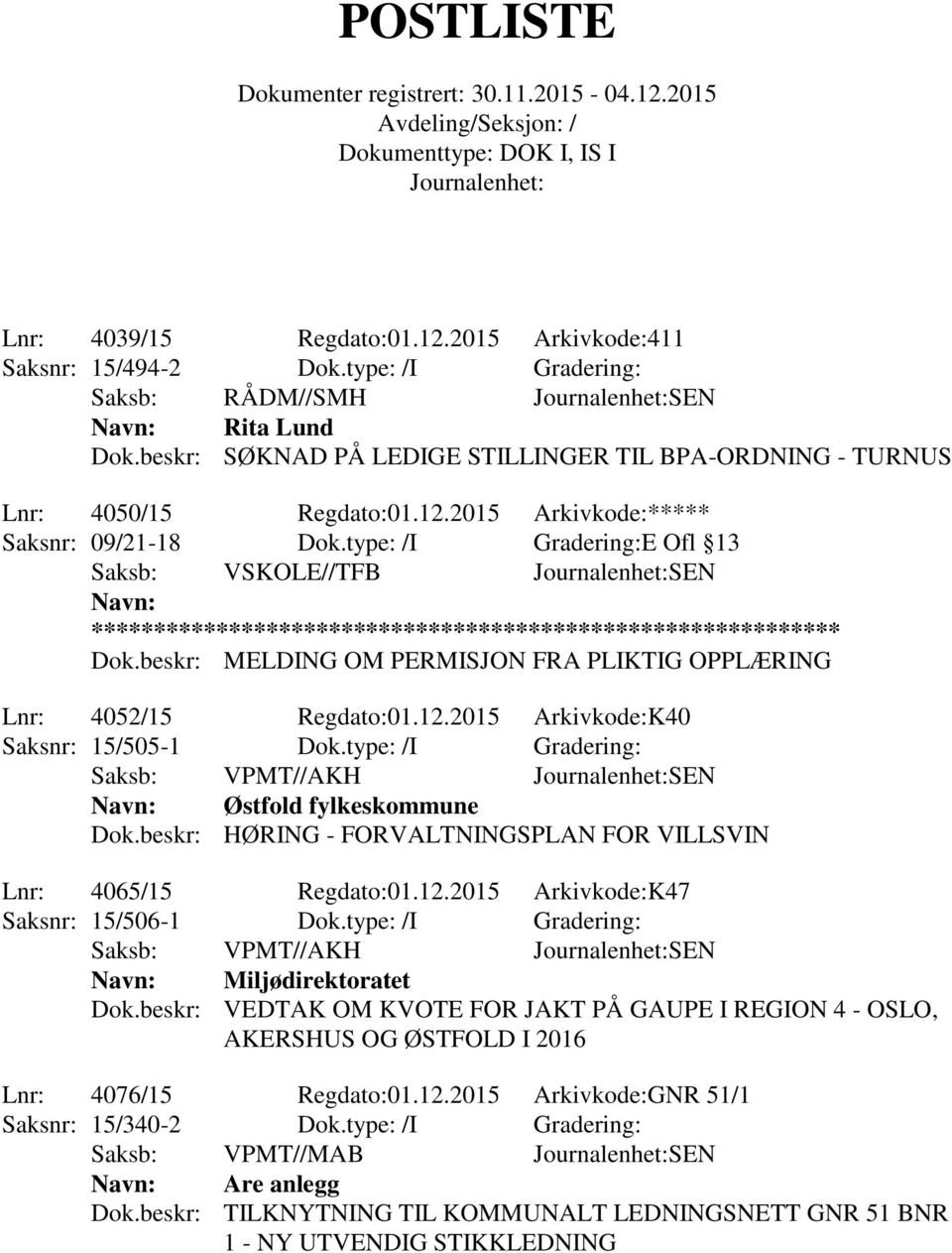 beskr: MELDING OM PERMISJON FRA PLIKTIG OPPLÆRING Lnr: 4052/15 Regdato:01.12.2015 Arkivkode:K40 Saksnr: 15/505-1 Dok.type: /I Gradering: Saksb: VPMT//AKH SEN Østfold fylkeskommune Dok.