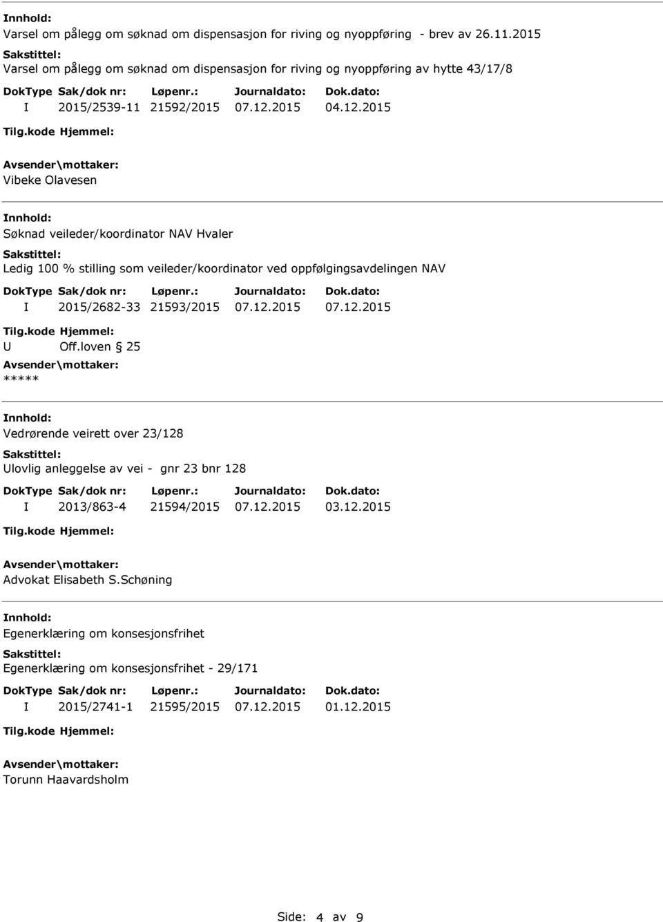 veileder/koordinator NAV Hvaler 2015/2682-33 21593/2015 Vedrørende veirett over 23/128 lovlig anleggelse av vei - gnr 23 bnr 128 2013/863-4