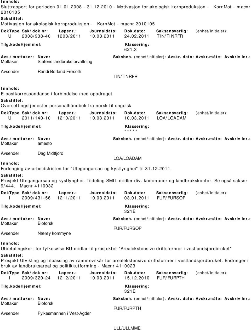 3 Statens landbruksforvaltning Randi Berland Frøseth TIN/TINRFR E-postkorrespondanse i forbindelse med oppdraget Oversettingstjenester personalhåndbok fra norsk til engelsk U 2011/140-10 1210/2011 10.