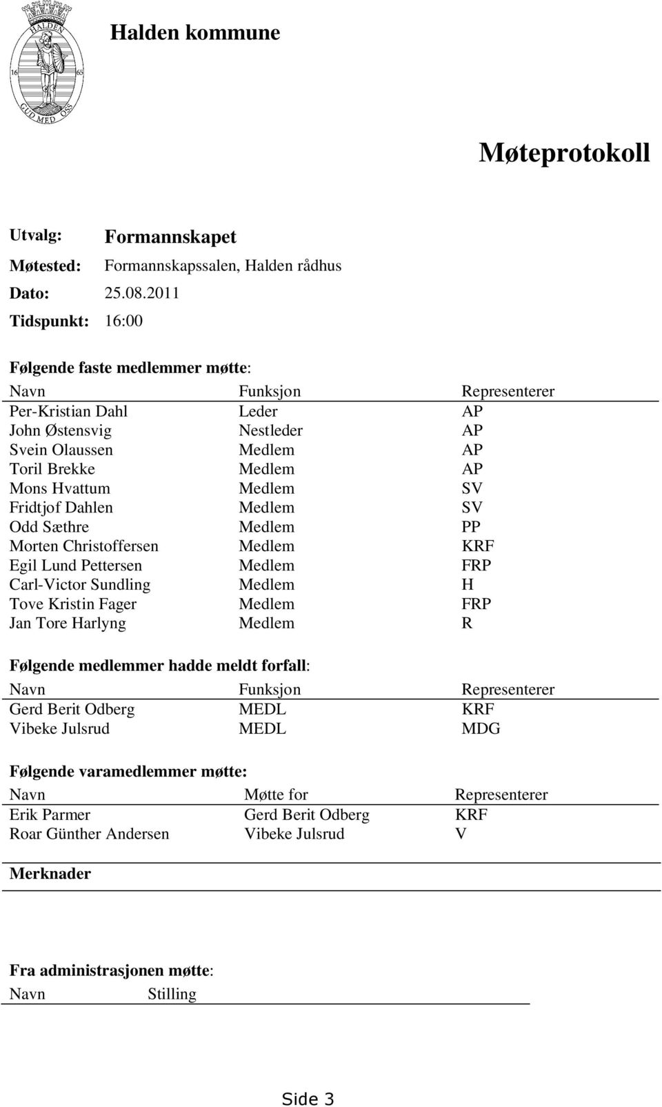 Toril Brekke Medlem AP Mons Hvattum Medlem SV Fridtjof Dahlen Medlem SV Odd Sæthre Medlem PP Morten Christoffersen Medlem KRF Egil Lund Pettersen Medlem FRP Carl-Victor Sundling Medlem H Tove Kristin