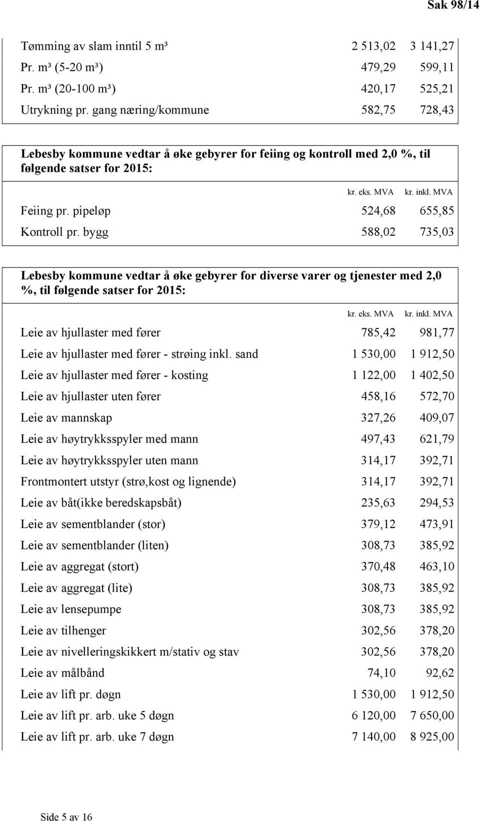 pipeløp 524,68 655,85 Kontroll pr. bygg 588,02 735,03 Lebesby kommune vedtar å øke gebyrer for diverse varer og tjenester med 2,0 %, til følgende satser for 2015: kr. eks. MVA kr. inkl.