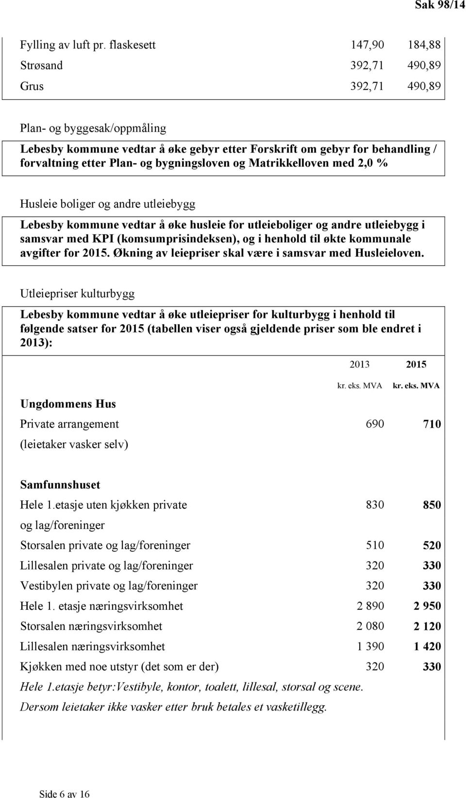 bygningsloven og Matrikkelloven med 2,0 % Husleie boliger og andre utleiebygg Lebesby kommune vedtar å øke husleie for utleieboliger og andre utleiebygg i samsvar med KPI (komsumprisindeksen), og i