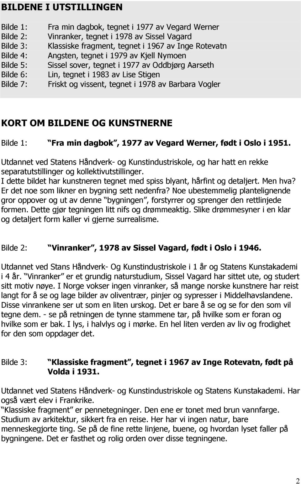 Vogler KORT OM BILDENE OG KUNSTNERNE Bilde 1: Fra min dagbok, 1977 av Vegard Werner, født i Oslo i 1951.