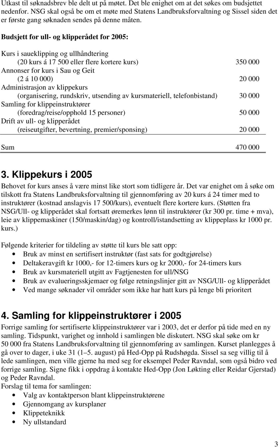 Budsjett for ull- og klipperådet for 2005: Kurs i saueklipping og ullhåndtering (20 kurs á 17 500 eller flere kortere kurs) 350 000 Annonser for kurs i Sau og Geit (2 á 10 000) 20 000 Administrasjon