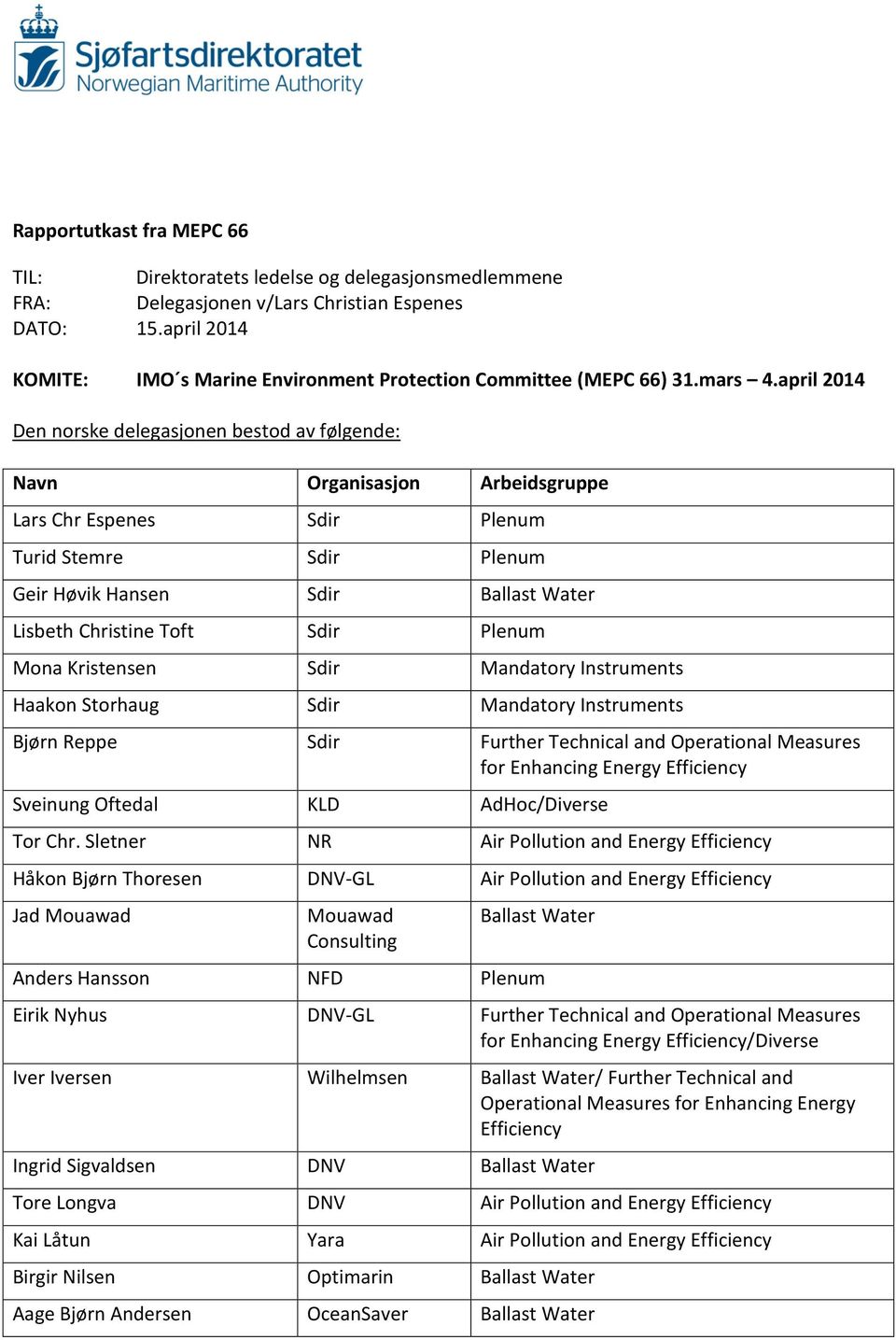 april 2014 Den norske delegasjonen bestod av følgende: Navn Organisasjon Arbeidsgruppe Lars Chr Espenes Sdir Plenum Turid Stemre Sdir Plenum Geir Høvik Hansen Sdir Ballast Water Lisbeth Christine