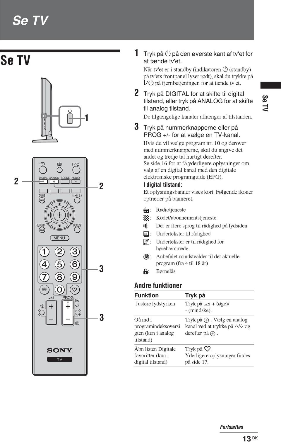 2 Tryk på DIGITAL for at skifte til digital tilstand, eller tryk på ANALOG for at skifte til analog tilstand. De tilgængelige kanaler afhænger af tilstanden.