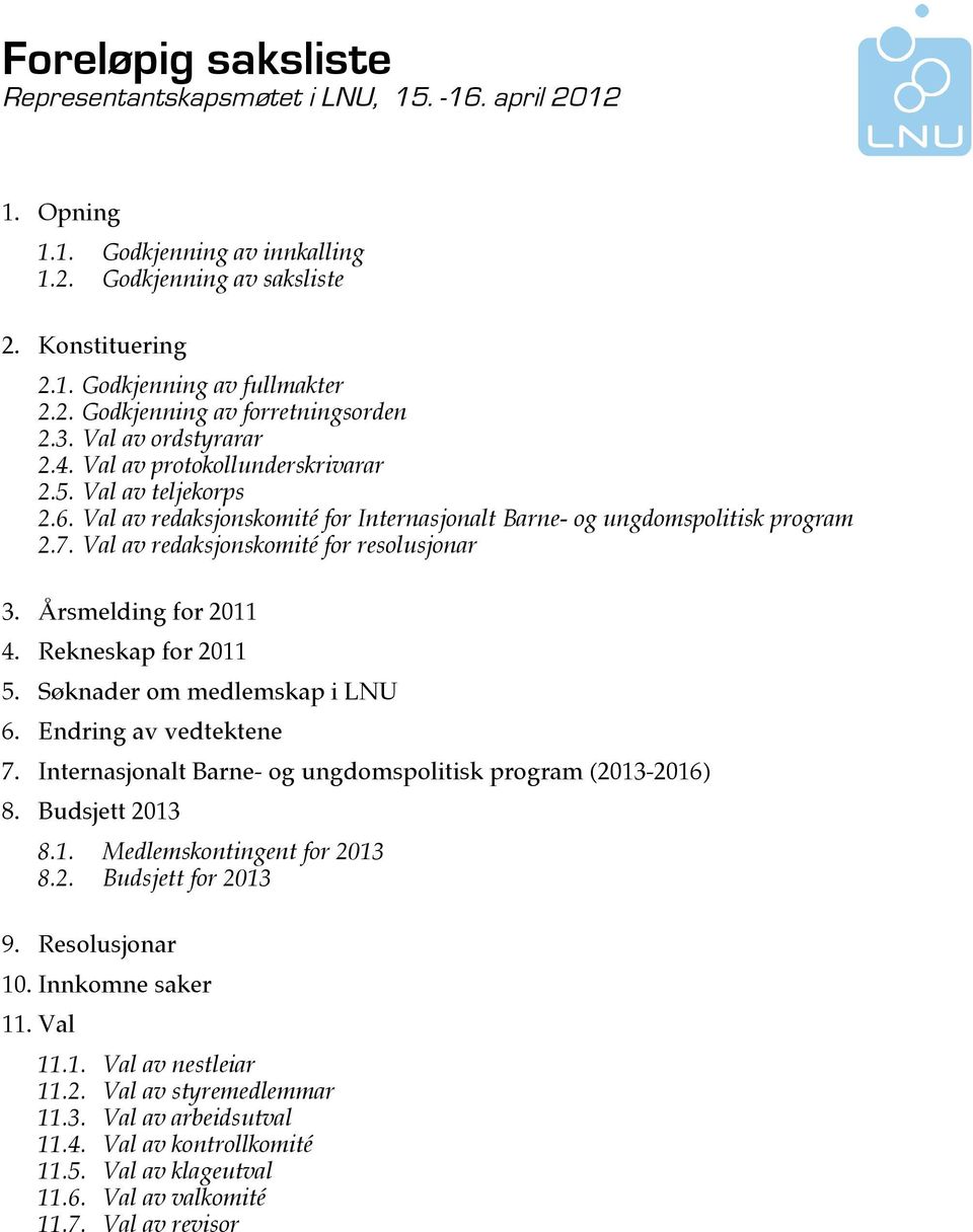 Årsmelding fr 2011 4. Rekneskap fr 2011 5. Søknader m medlemskap i LNU 6. Endring av vedtektene 7. Internasjnalt Barne- g ungdmsplitisk prgram (2013-2016) 8. Budsjett 2013 8.1. Medlemskntingent fr 2013 8.