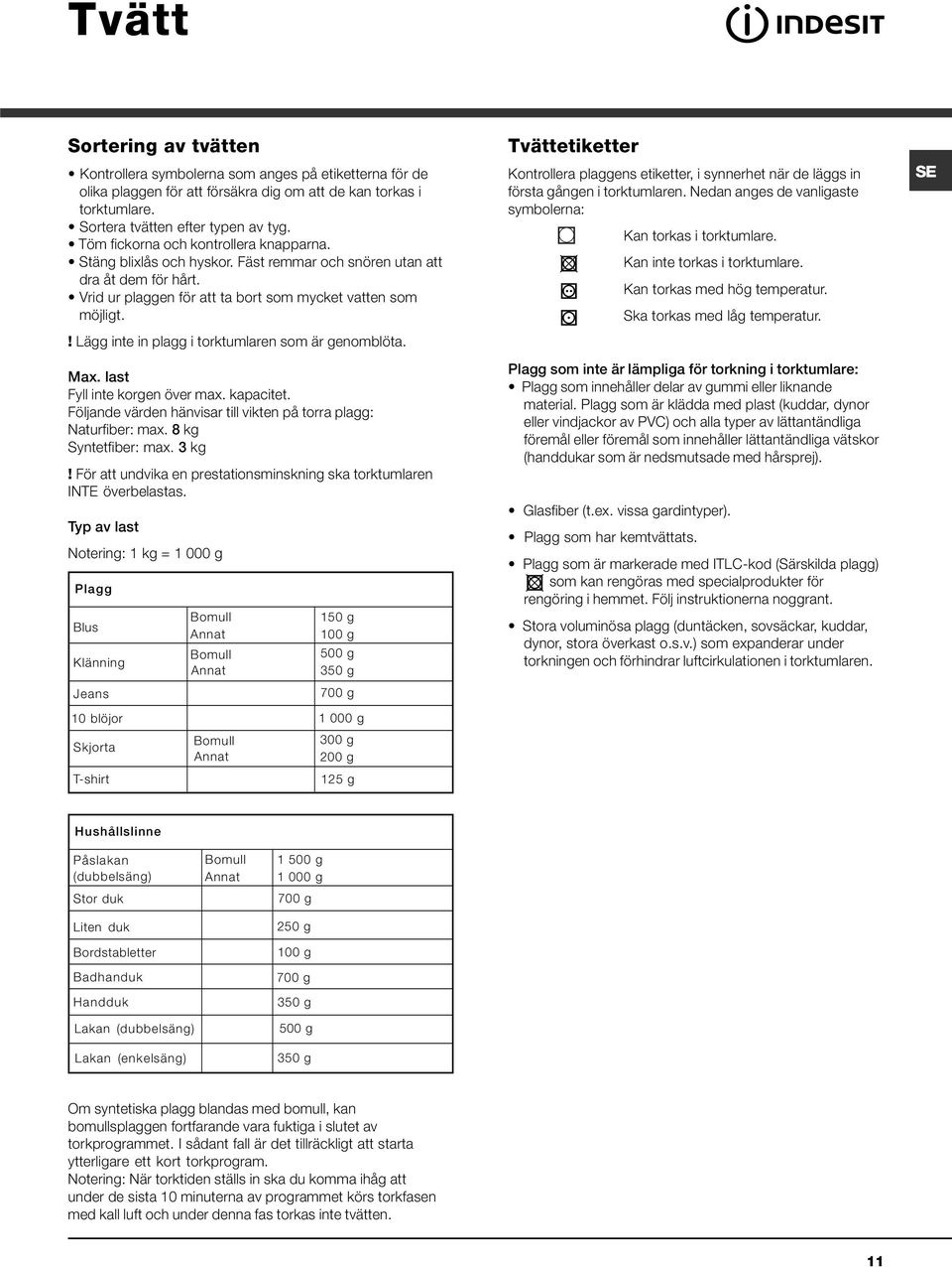 ! Lägg inte in plagg i torktumlaren som är genomblöta. Max. last Fyll inte korgen över max. kapacitet. Följande värden hänvisar till vikten på torra plagg: Naturfiber: max. 8 kg Syntetfiber: max.