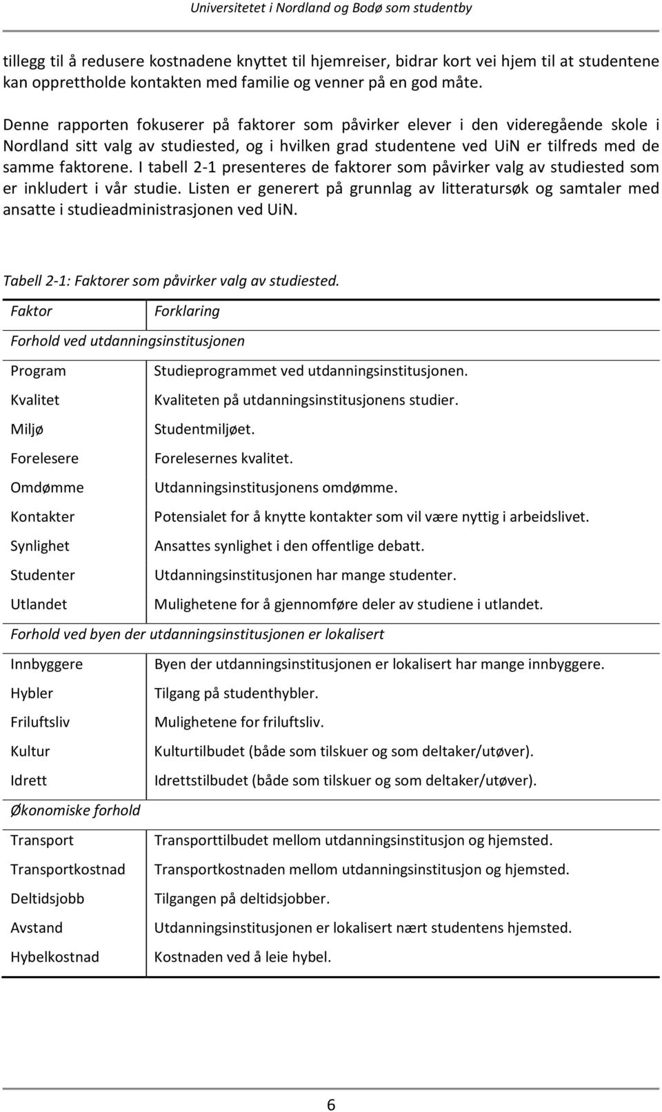 I tabell 2-1 presenteres de faktorer som påvirker valg av studiested som er inkludert i vår studie.