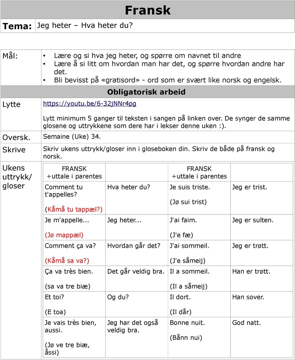 De synger de samme glosene og uttrykkene som dere har i lekser denne uken :). Oversk. Semaine (Uke) 34. Skrive Ukens uttrykk/ gloser Skriv ukens uttrykk/gloser inn i gloseboken din.