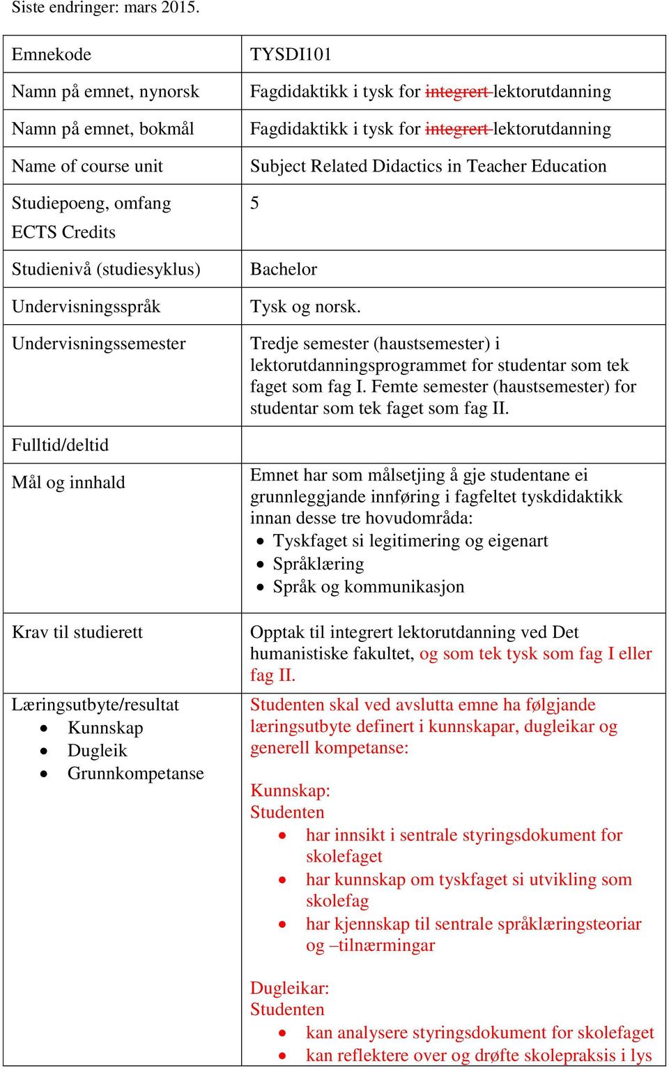 innhald Krav til studierett Læringsutbyte/resultat Kunnskap Dugleik Grunnkompetanse TYSDI101 Fagdidaktikk i tysk for integrert lektorutdanning Fagdidaktikk i tysk for integrert lektorutdanning