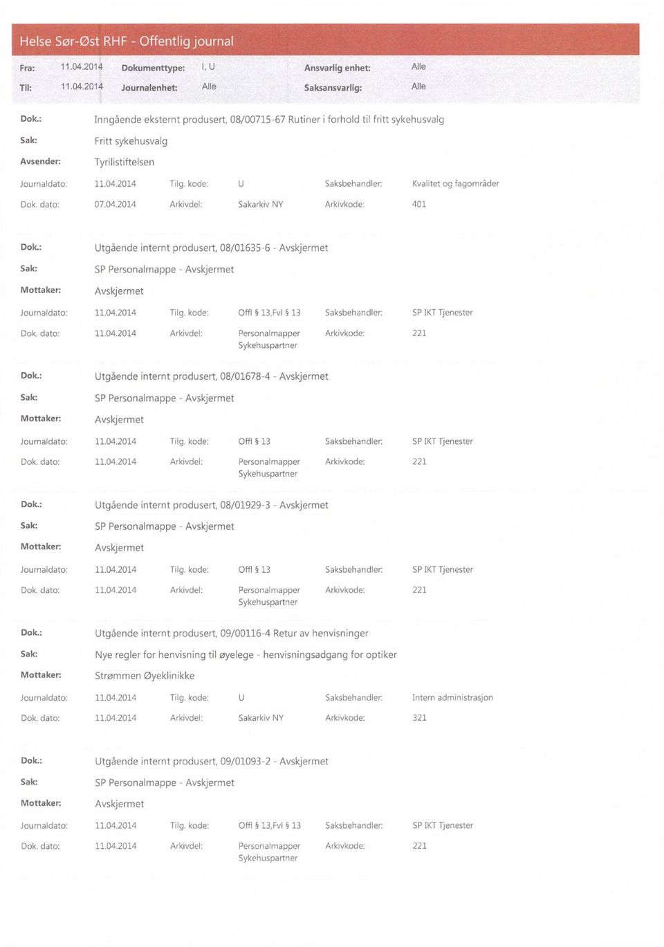 dato: 07.04.2014 Arkivdel: Sakarkiv NY Arkivkode: 401 Dok.: Utgående internt produsert, 08/01635-6 - Journaldato: 11.04.2014 Tilg. kode: Offl 13,Fv1 13 Saksbehandler: SP IKT Tjenester Dok.