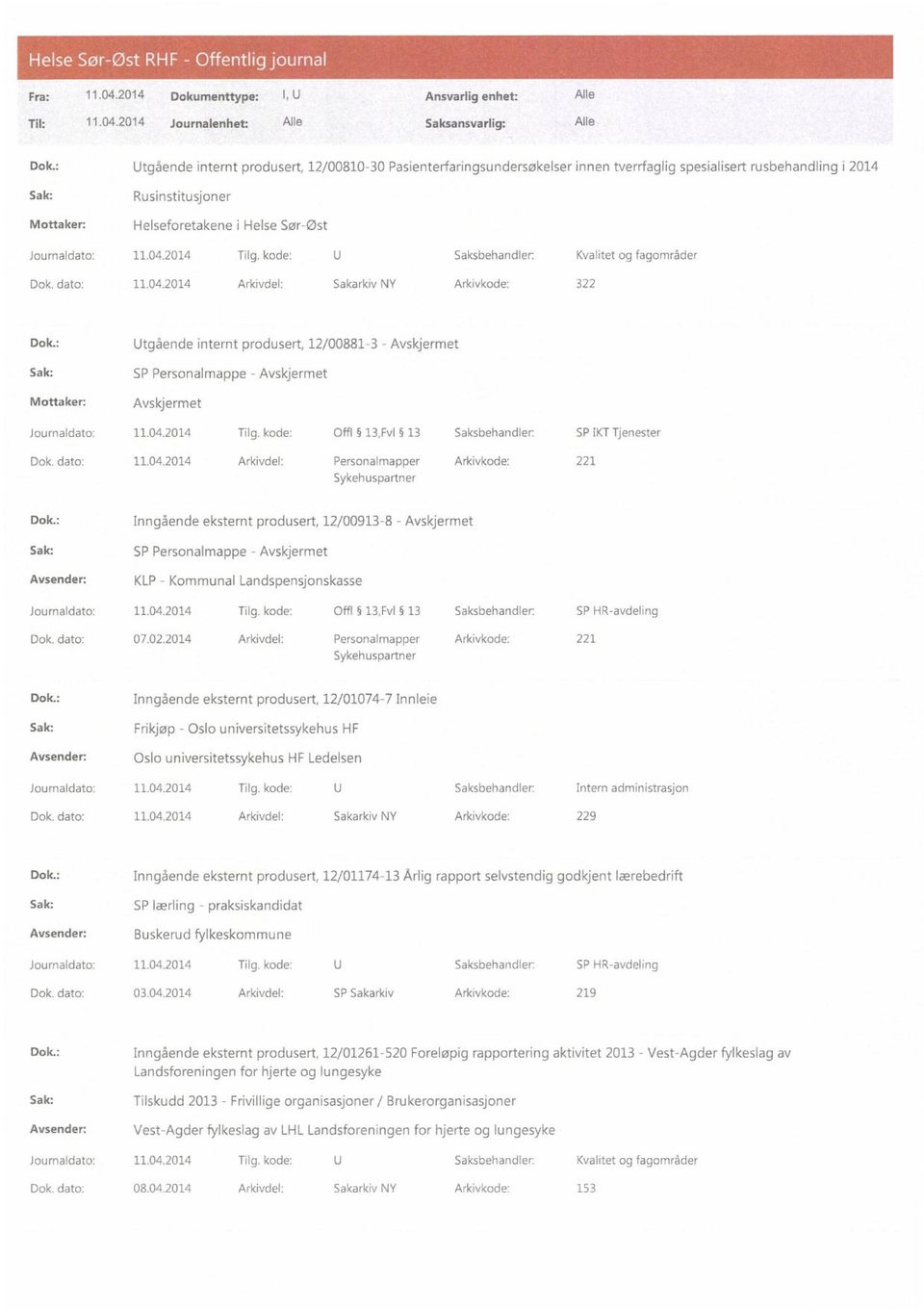 2014 Tilg. kode: U Saksbehandler: Kvalitet og fagområder Dok. dato: 11.04.2014 Arkivdel: Sakarkiv NY Arkivkode: 322 Dok.: Utgående internt produsert, 12/00881-3 - Journaldato: 11.04.2014 Tilg. kode: Offl 13,Fv1 13 Saksbehandler: SP IKT Tjenester Dok.