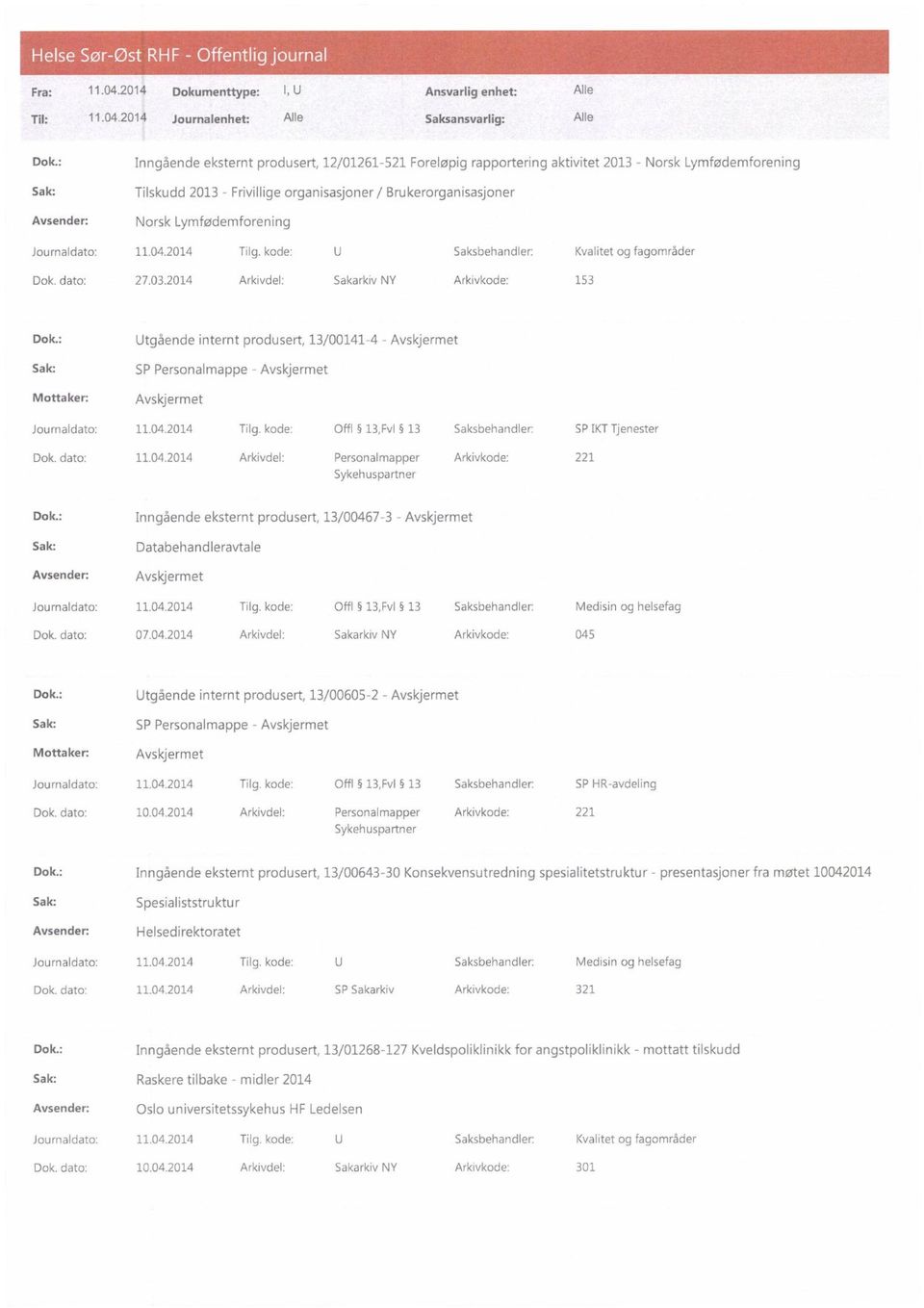 <sbeHangir: IHYslomr;:-Iider 27.03.2011 Arkivdeh,1.akarkiv 47 Arkiv'<ode: 153 Dok.: Utgående internt produsert, 13/00141-4 - JounaIdao: 11.04.201.4 TIa.