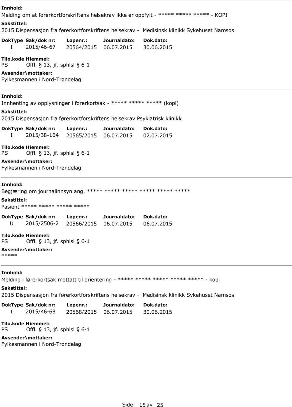 2015 nnhenting av opplysninger i førerkortsak - ***** ***** ***** (kopi) 2015 Dispensasjon fra førerkortforskriftens helsekrav Psykiatrisk klinikk 2015/38-164 20565/2015 Fylkesmannen i