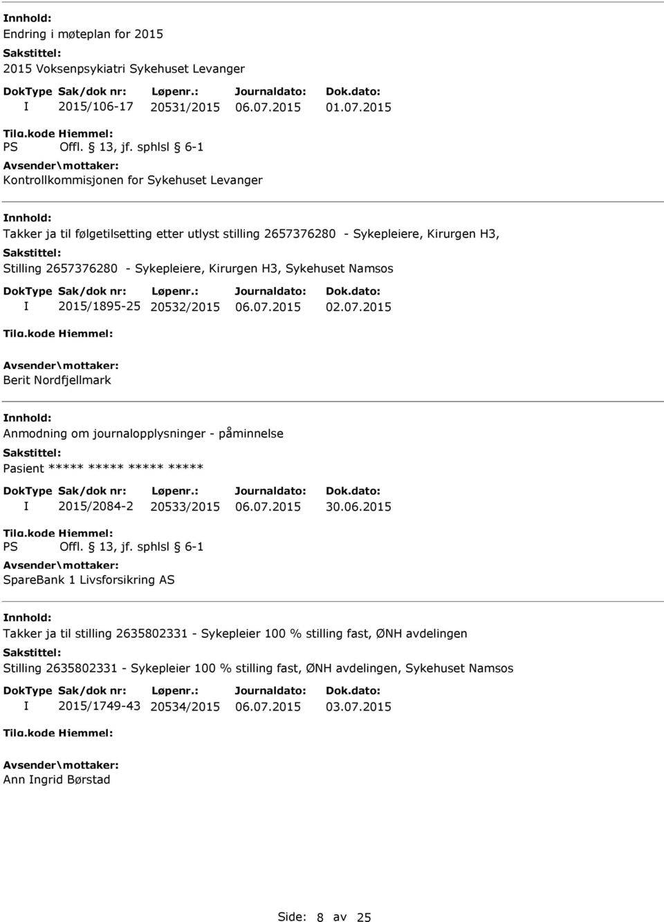 Sykepleiere, Kirurgen H3, Sykehuset Namsos 2015/1895-25 20532/2015 Berit Nordfjellmark Anmodning om journalopplysninger - påminnelse ***** 2015/2084-2 20533/2015 SpareBank