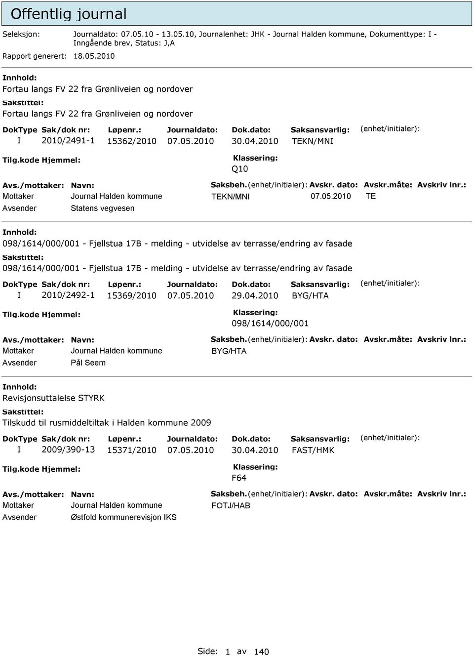 : TEKN/MN TE vsender Statens vegvesen nnhold: 098/1614/000/001 - Fjellstua 17B - melding - utvidelse av terrasse/endring av fasade 098/1614/000/001 - Fjellstua 17B - melding - utvidelse av