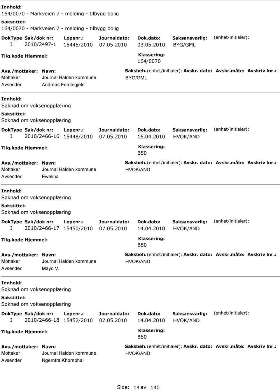 04.2010 HVOK/ND B50 vs./mottaker: Navn: Saksbeh. vskr. dato: vskr.måte: vskriv lnr.: HVOK/ND vsender Mayo V. nnhold: 2010/2466-18 15452/2010 14.04.2010 HVOK/ND B50 vs./mottaker: Navn: Saksbeh. vskr. dato: vskr.måte: vskriv lnr.: HVOK/ND vsender Ngerntra Khornphai Side: 14 av 140