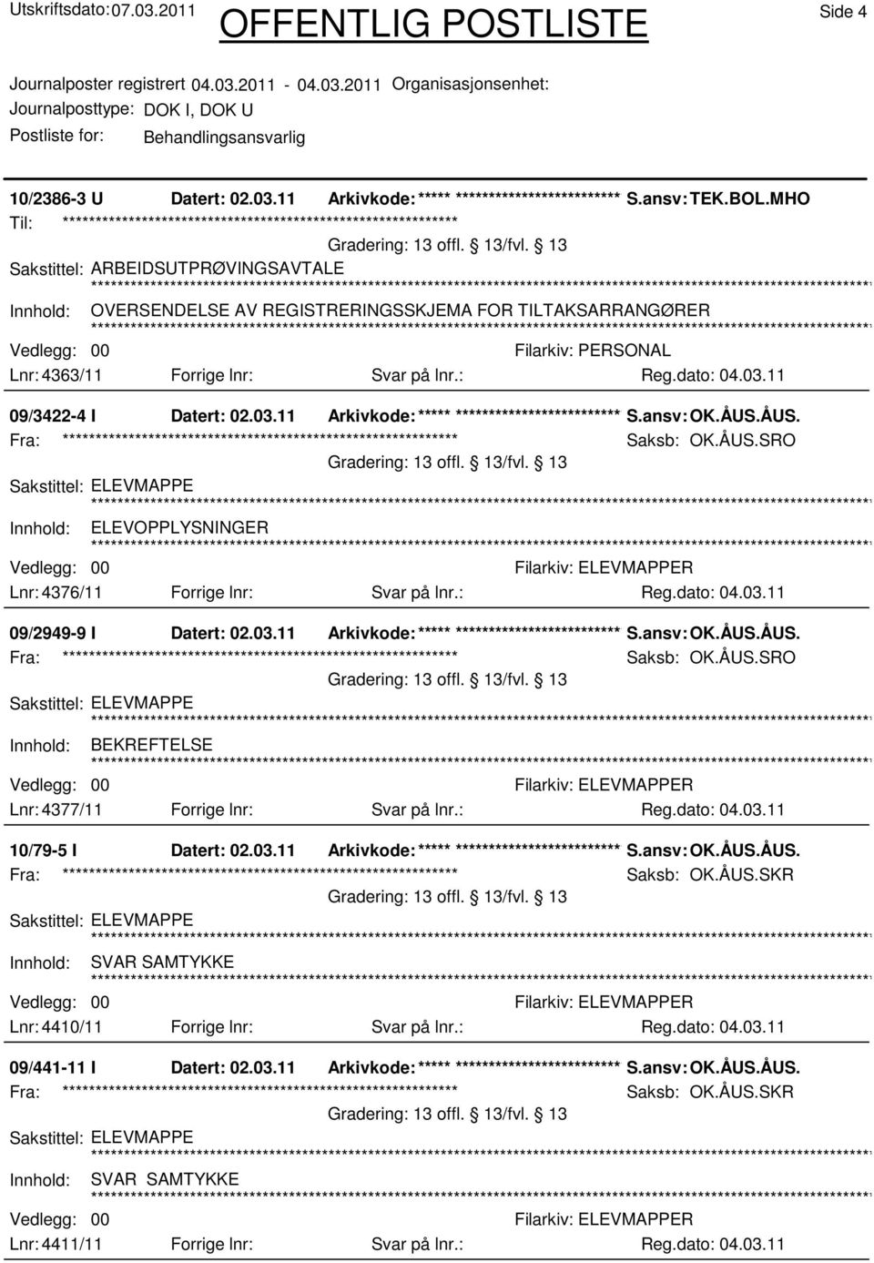 4363/11 Forrige lnr: Svar på lnr.: 09/3422-4 I Datert: 02.03.11 Arkivkode:***** ****************************** S.ansv: OK.ÅUS.