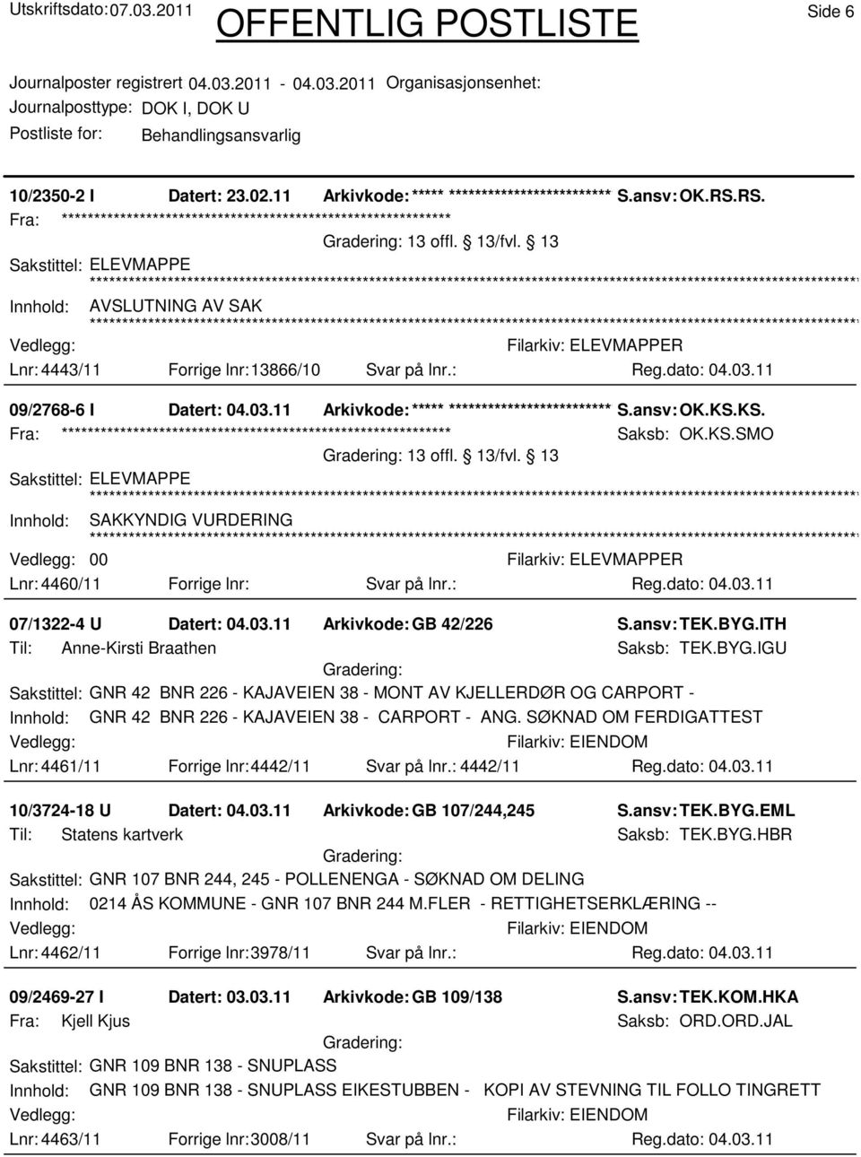 11 Arkivkode:***** ****************************** S.ansv: OK.KS.KS. Fra: ************************************************************ Saksb: OK.KS.SMO Innhold: SAKKYNDIG VURDERING 00 Lnr: 4460/11 Forrige lnr: Svar på lnr.