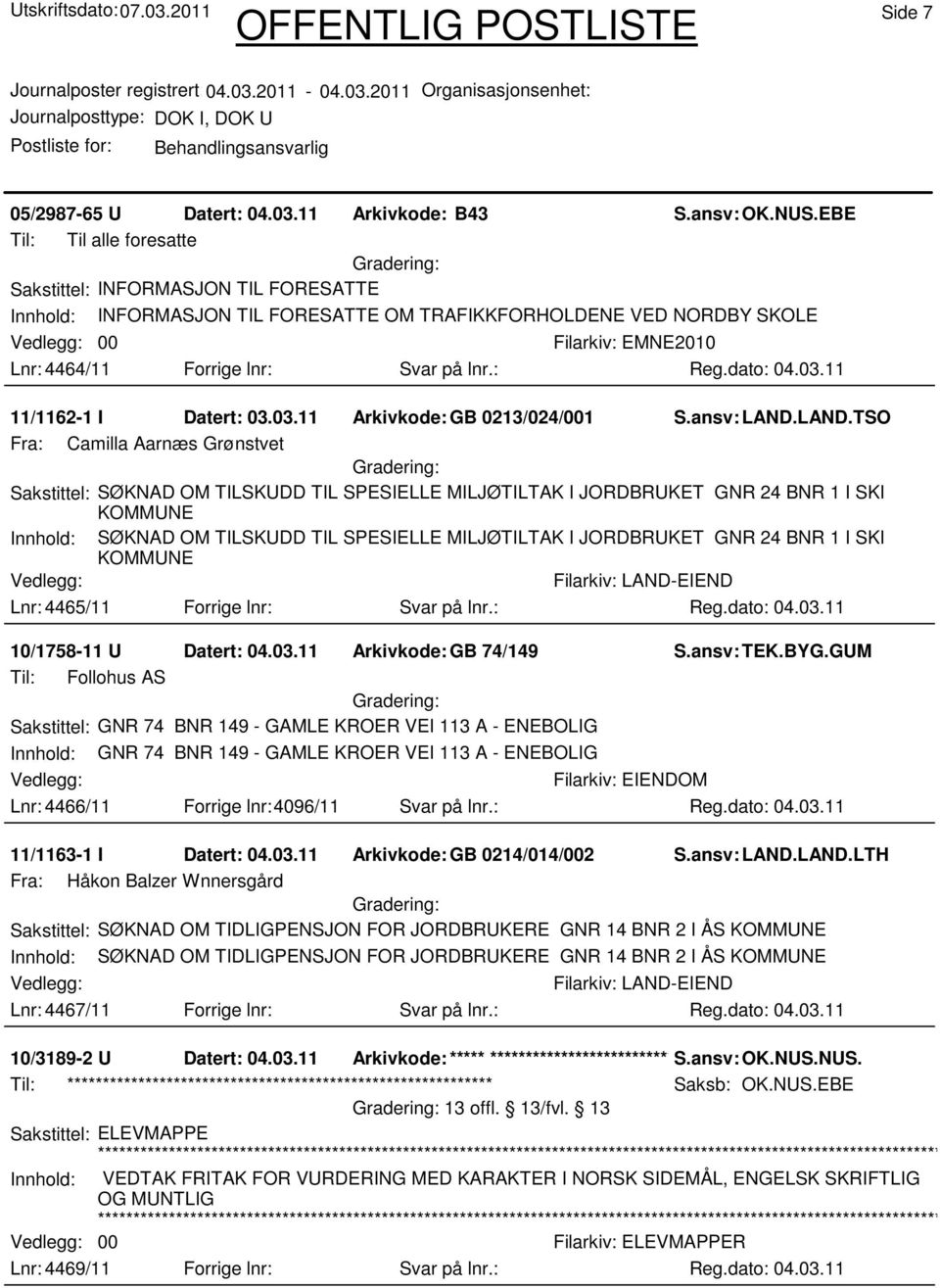 : 11/1162-1 I Datert: 03.03.11 Arkivkode:GB 0213/024/001 S.ansv: LAND.