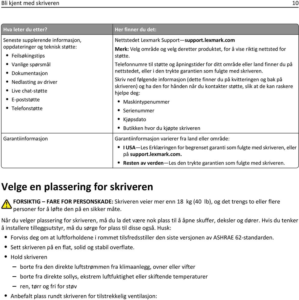 Her finner du det: Nettstedet Lexmark Support support.lexmark.com Velg område og velg deretter produktet, for å vise riktig nettsted for støtte.