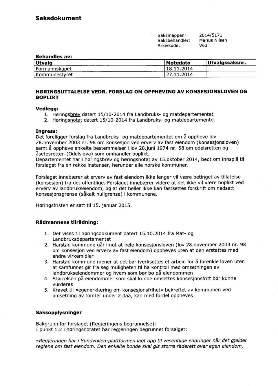 Det foreligger forslag fra Landbruks- og matdepartementet om å oppheve lov 28.november 2003 nr.