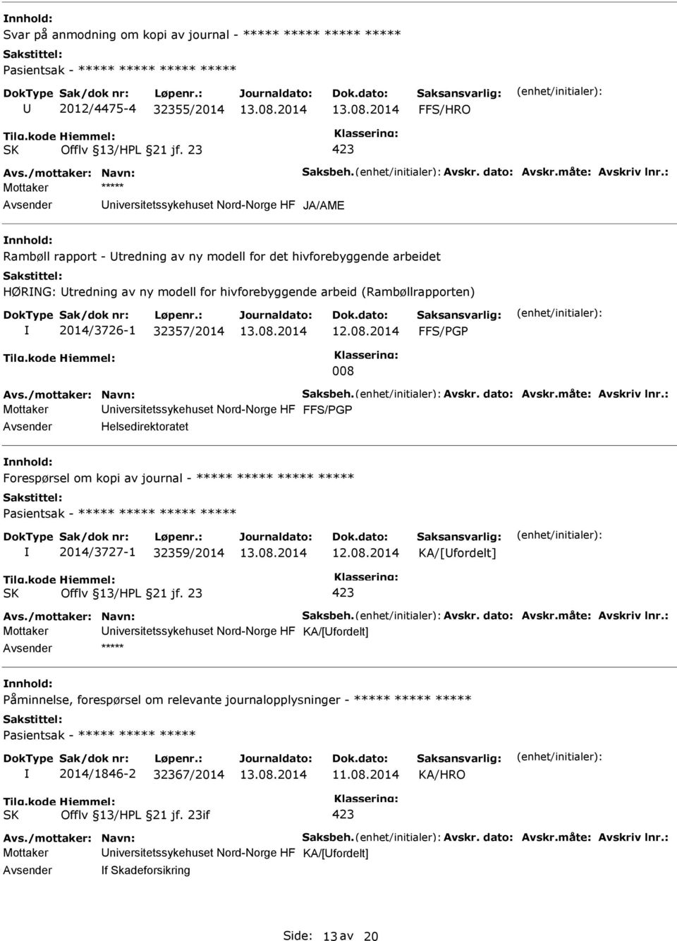 : Mottaker ***** niversitetssykehuset Nord-Norge HF JA/AME Rambøll rapport - tredning av ny modell for det hivforebyggende arbeidet HØRNG: tredning av ny modell for hivforebyggende arbeid