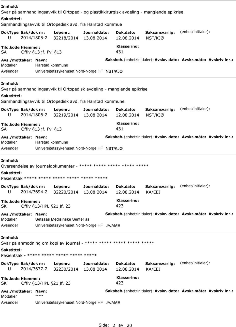 : Mottaker Harstad kommune niversitetssykehuset Nord-Norge HF Svar på samhandlingsavvik til Ortopedisk avdeling - manglende epikrise Samhandlingsavvik til Ortopedisk avd.