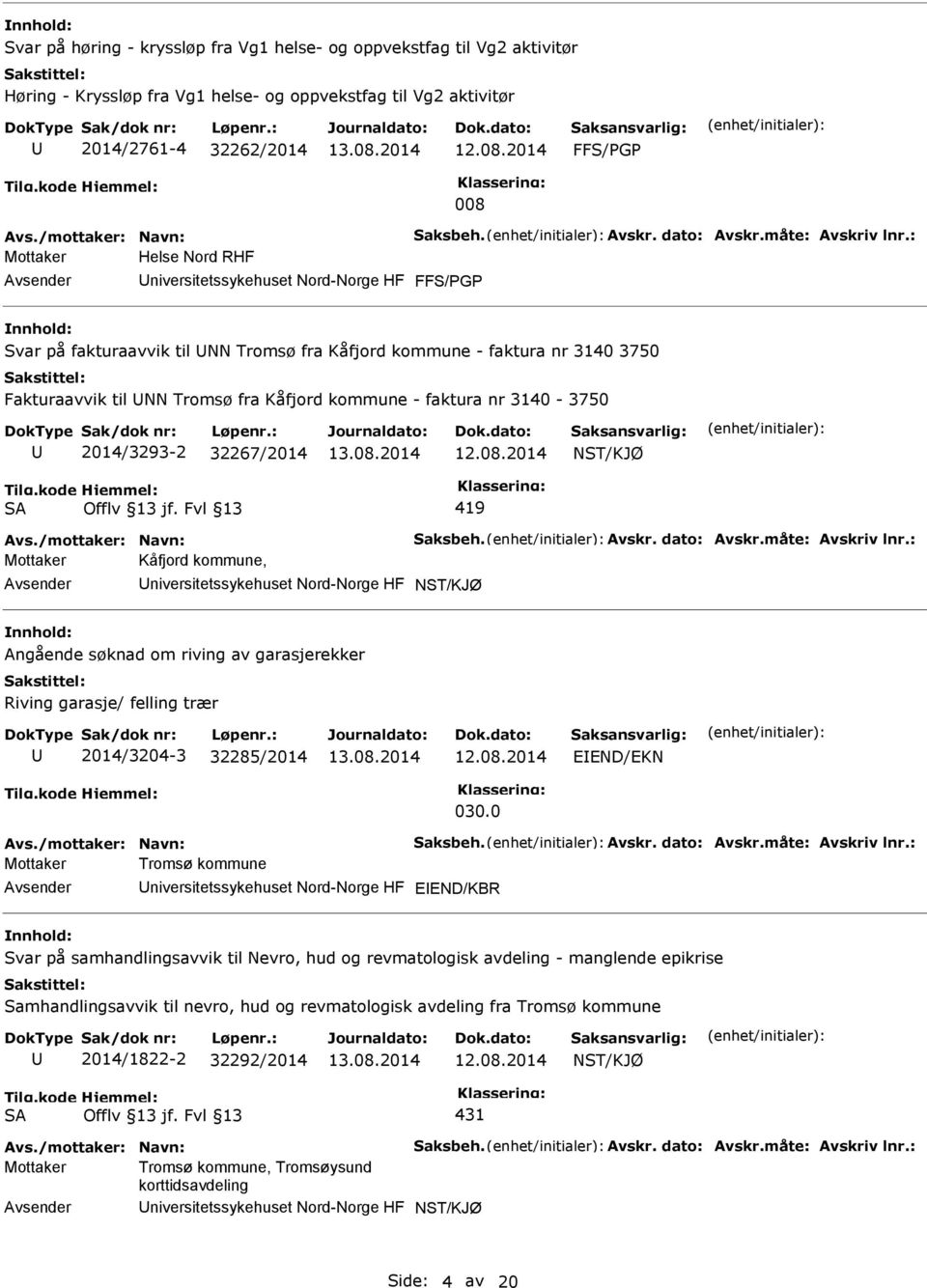 : Mottaker Helse Nord RHF niversitetssykehuset Nord-Norge HF FFS/G Svar på fakturaavvik til NN Tromsø fra Kåfjord kommune - faktura nr 3140 3750 Fakturaavvik til NN Tromsø fra Kåfjord kommune -